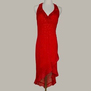 Vintage 90s Rampage Red Sparkly Floral Halter Maxi Dress Ruffle Hem
